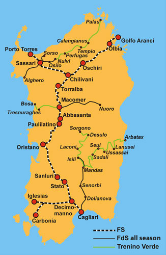 Map of the railway lines in Sardinia