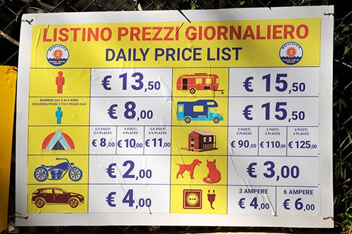 campsite price list